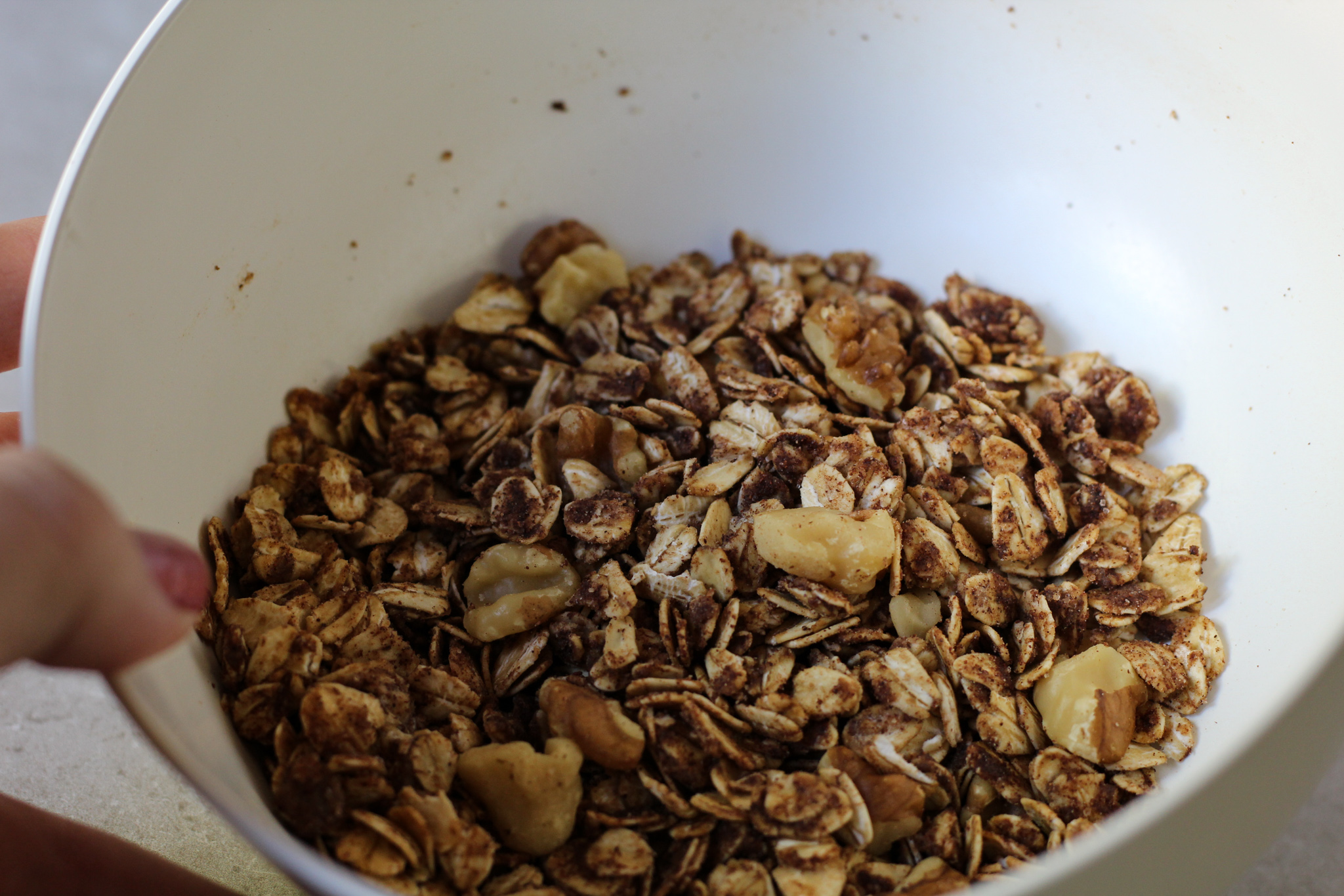 Mixture of cinnamon, oats, and walnuts in a bowl